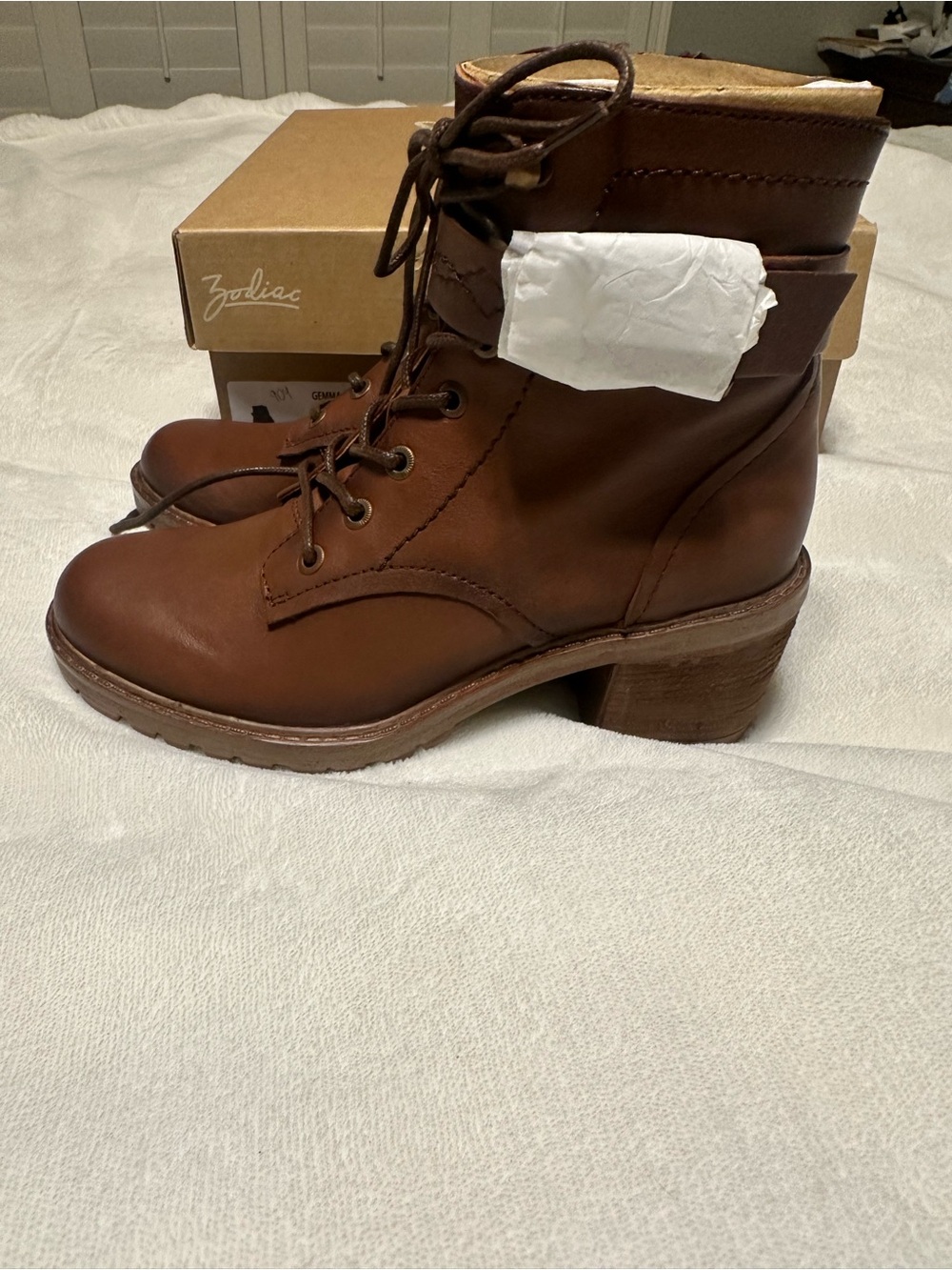 Zodiac Brown Leather Lace-Up Block Heel Ankle Boots